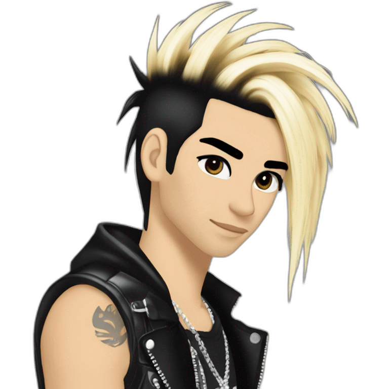 Bill Kaulitz black hair down with blonde highlights emo 2000s hairspray skunk hair emoji