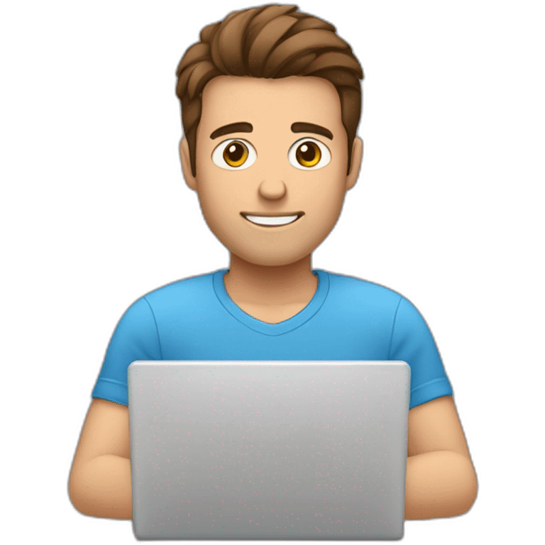 A man with brown hair, brown eyes, and a blue shirt. He is typing a message on his laptop emoji