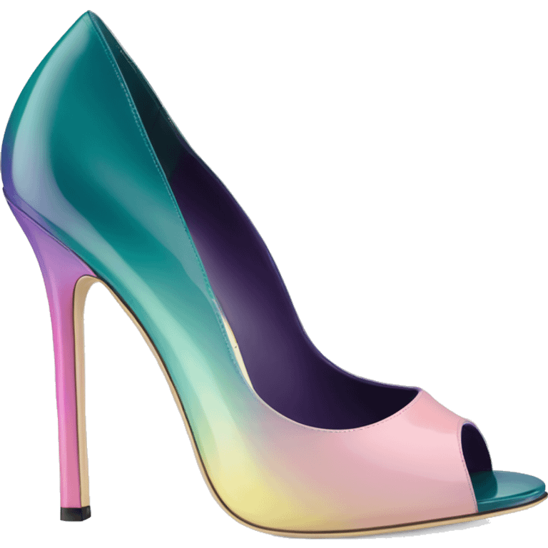 Realistic isolated front view of a pair of dark teal,pastel pink,pastel purple,and yellow ombre Jimmy Choo stiletto peep toe ankle boots. emoji