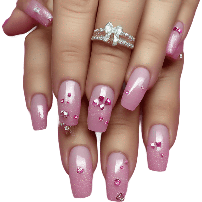 pink hype realistic acrylic nails with pink bows and diamonds emoji