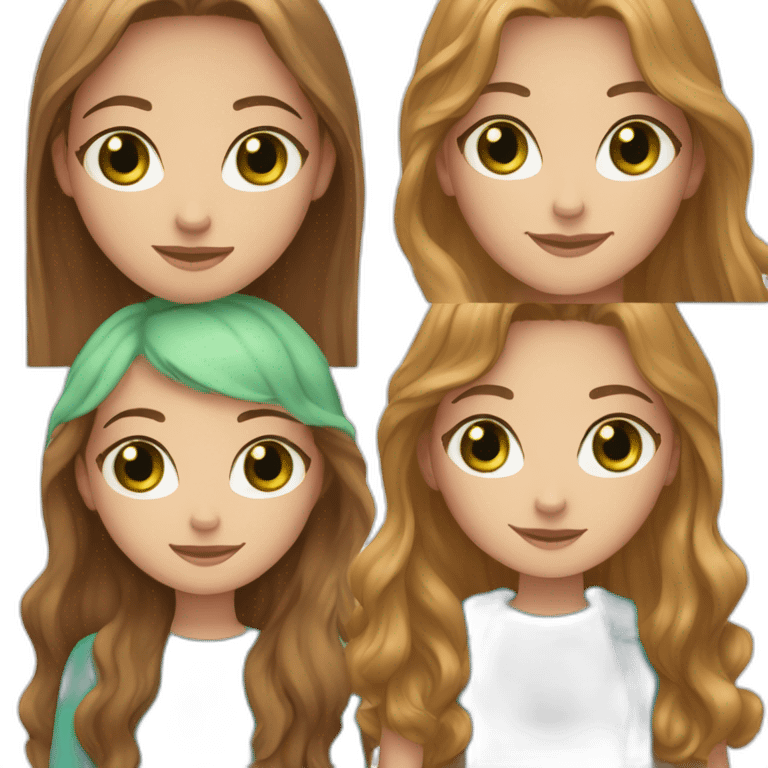 Two friends 1 girl with wavy light brown long hair, blue eyes and freckles and 1 girl with long straight brown hair, green eyes emoji