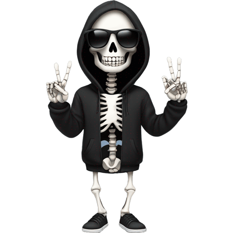 skeleton in a black sunglasses and black hoodie holding up the peace sign  emoji