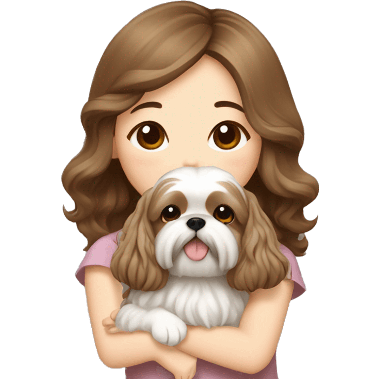 long brown wavy hair korean girl hugging cream colored shih tzu emoji