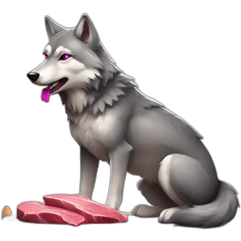 Wolf with magenta eyes and grey furr, eating a meat, sitting on the roof emoji