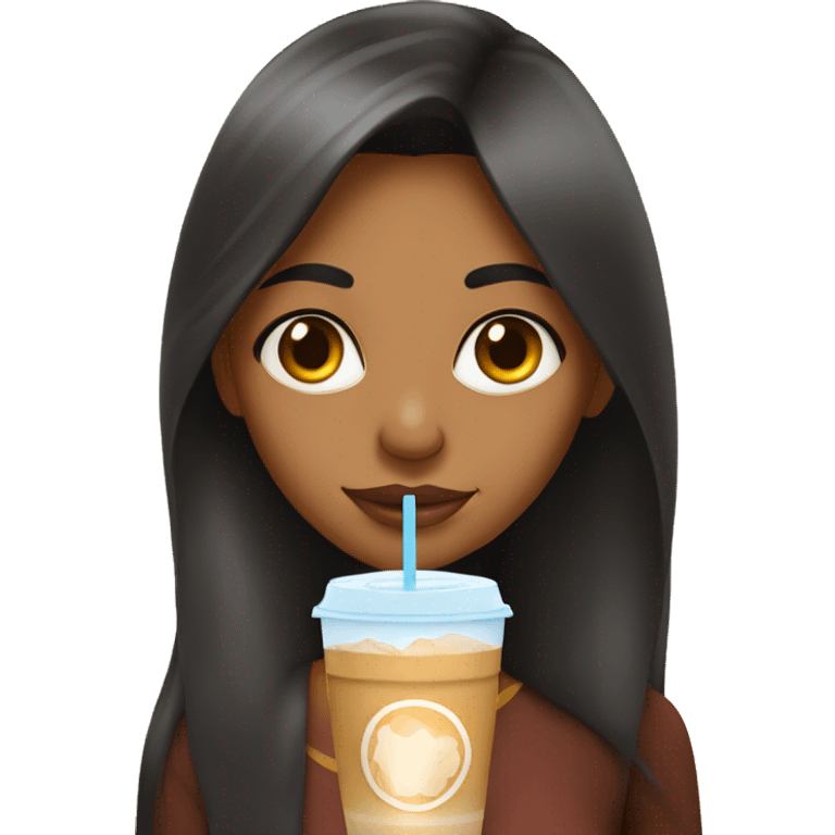 indian girl with caramel skin, long hair holding an iced coffee emoji