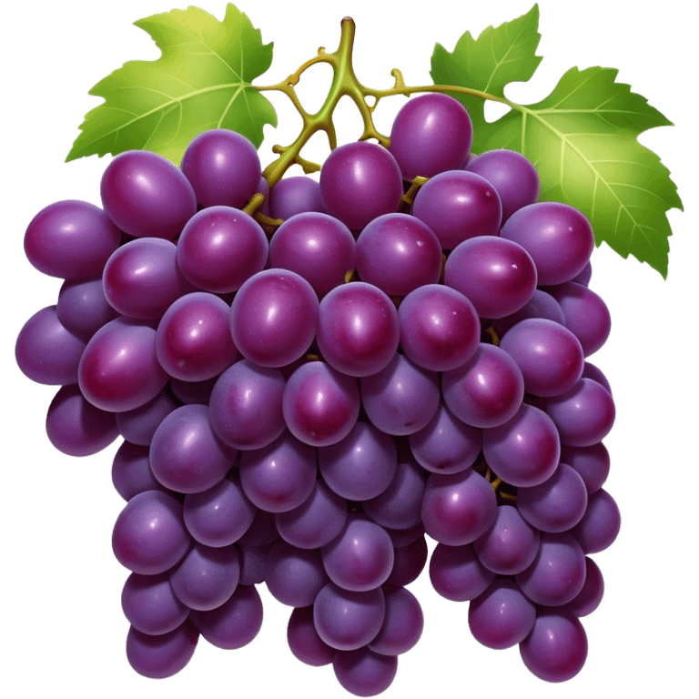 Cinematic Realistic Grapes Emoji, Clustered together in rich purple hues, with smooth, plump skins reflecting light in a glossy, delicate sheen. The stems curve slightly, holding the clusters together like a sweet, natural treasure. Soft glowing outline, capturing the essence of natural sweetness and richness in a bunch of ripe grapes! emoji