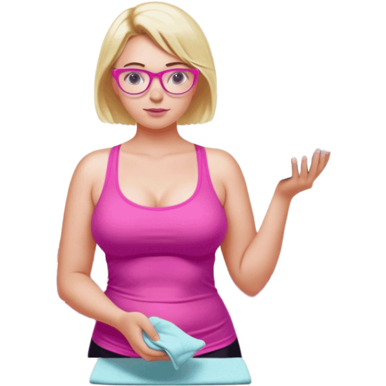 Curvy fair skinned woman, freckled skin, short blond hair, small light purple reading glasses, washing dishes, short flowing sheer hot pink tank top, without undergarments SFW, black yoga pants, thick booty emoji