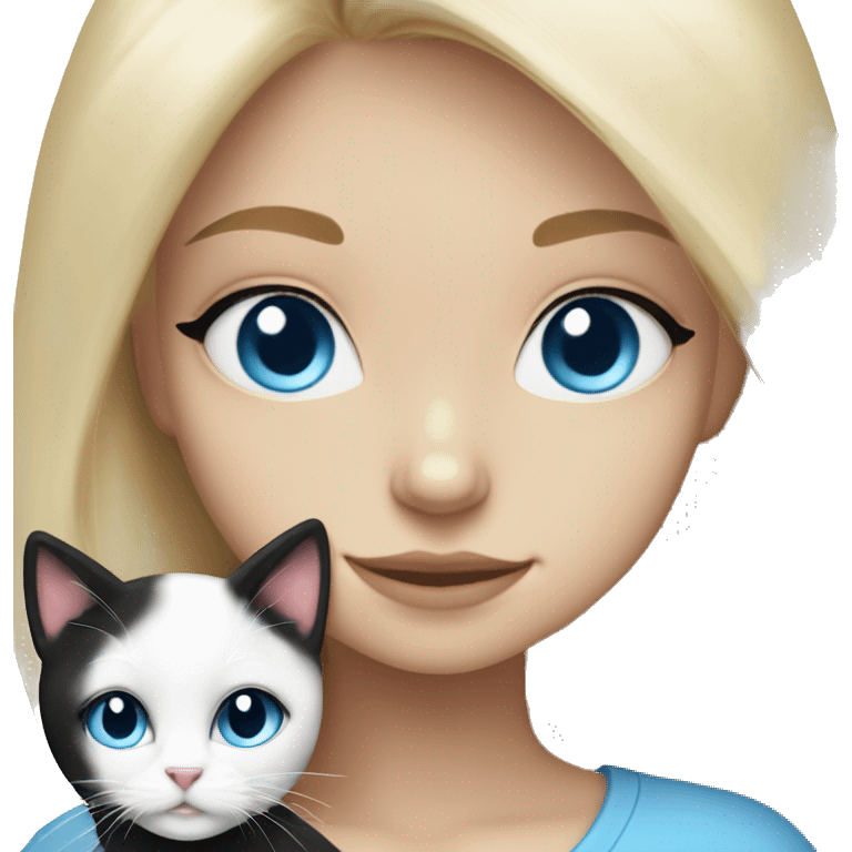 Blonde girl blue eyes snuggling fluffy tuxie black & white cat emoji