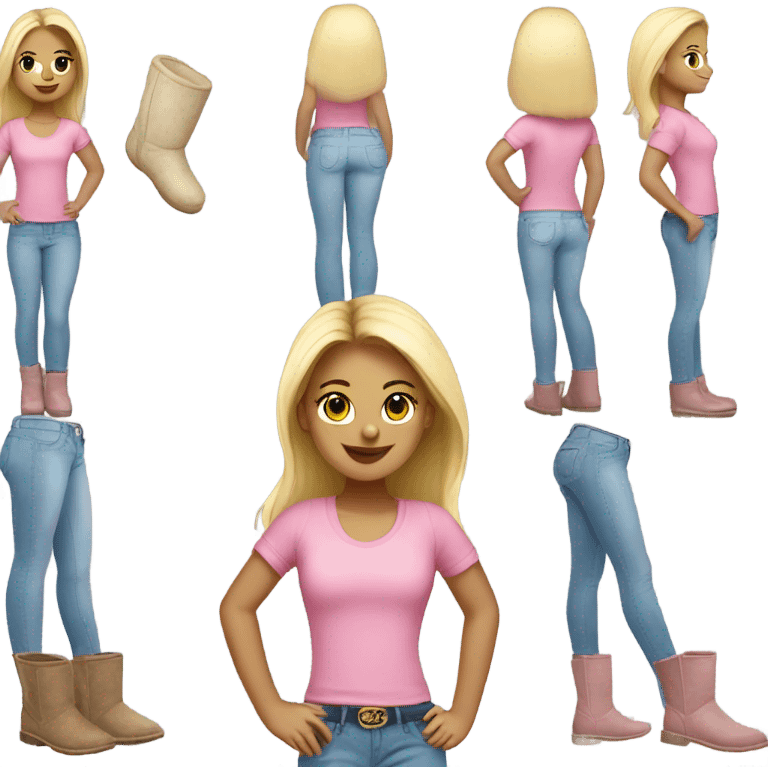 blonde girl with pink top and light blue jeans on with uggs emoji