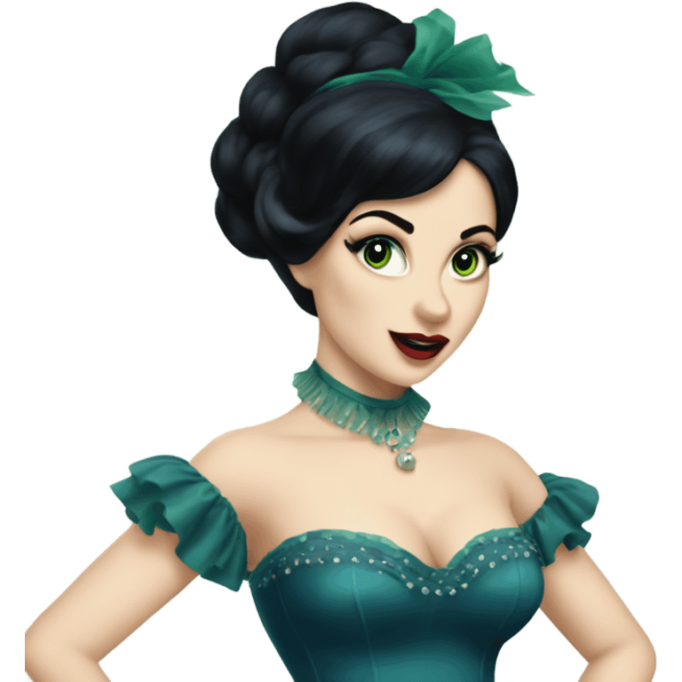 Burlesque dancer with black hair, pale skin, and green eyes in a dark blue vintage costume dancing emoji