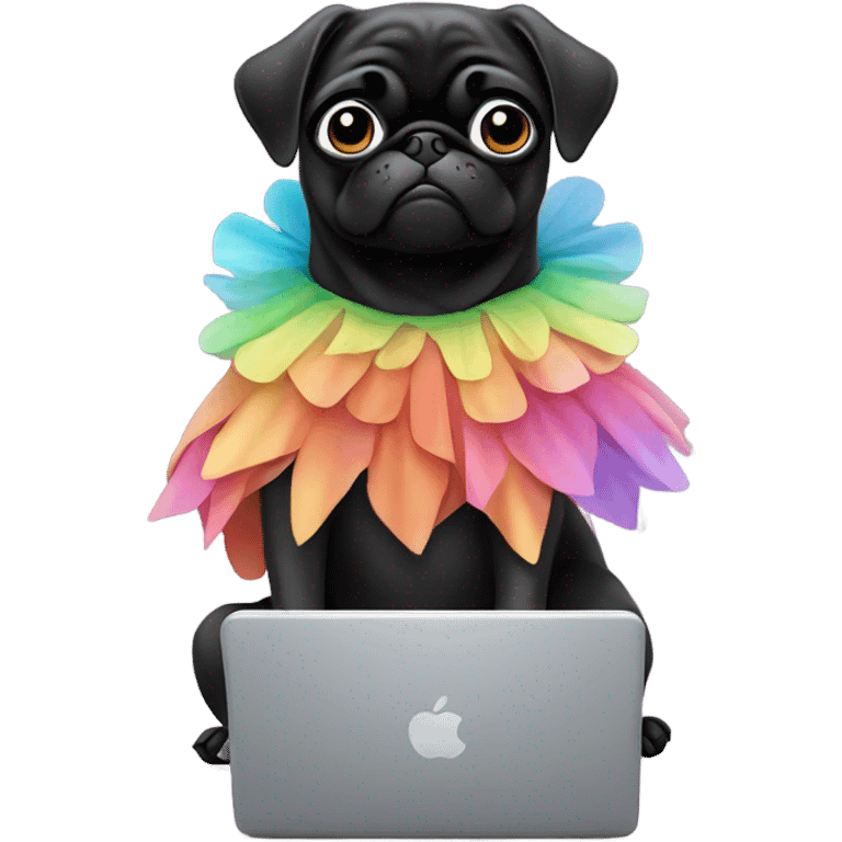 Black pug using a laptop while wearing a tutu emoji