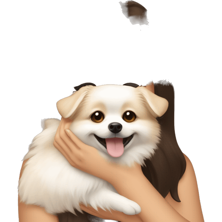 beige and white Pomeranian in the hands of a white young woman with dark brown hair smiling and cuddling the dog  emoji