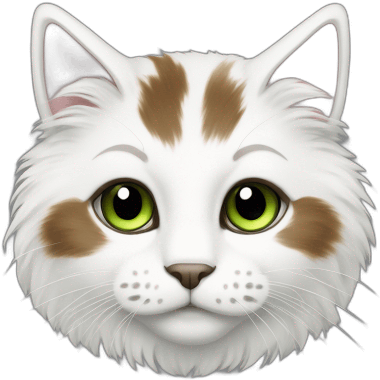 white fluffy bi-colour cat with dark brown ears and upper head, brown ears and green eyes emoji