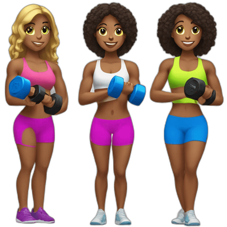 Three fitness girls with dumbbells in their hands emoji