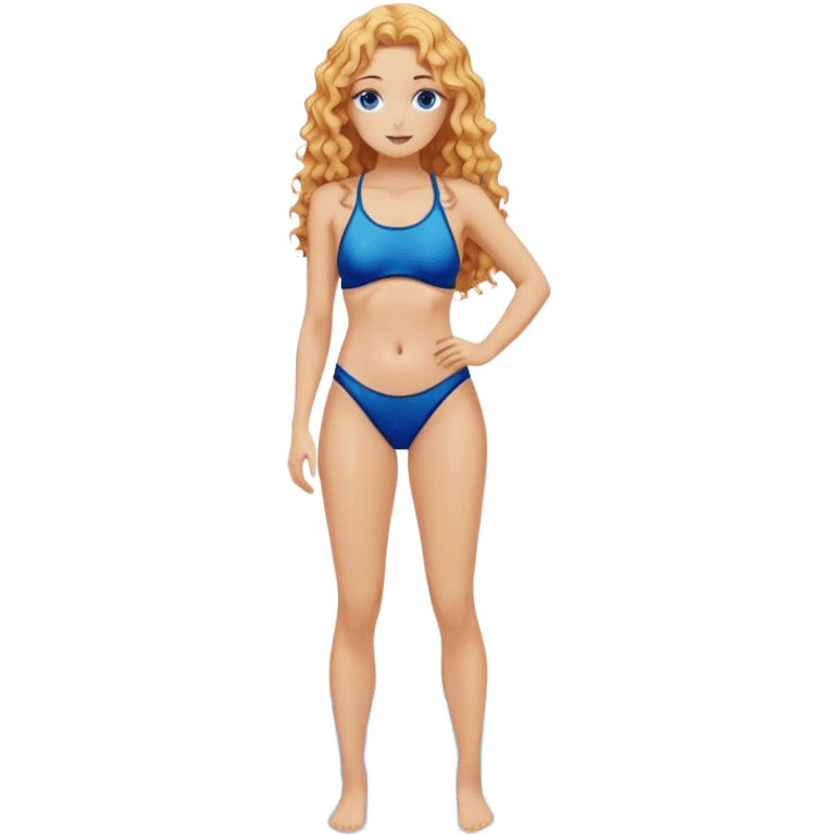 hot woman in blue swimming suit blond skin copper long semi  curly  hair full body  emoji