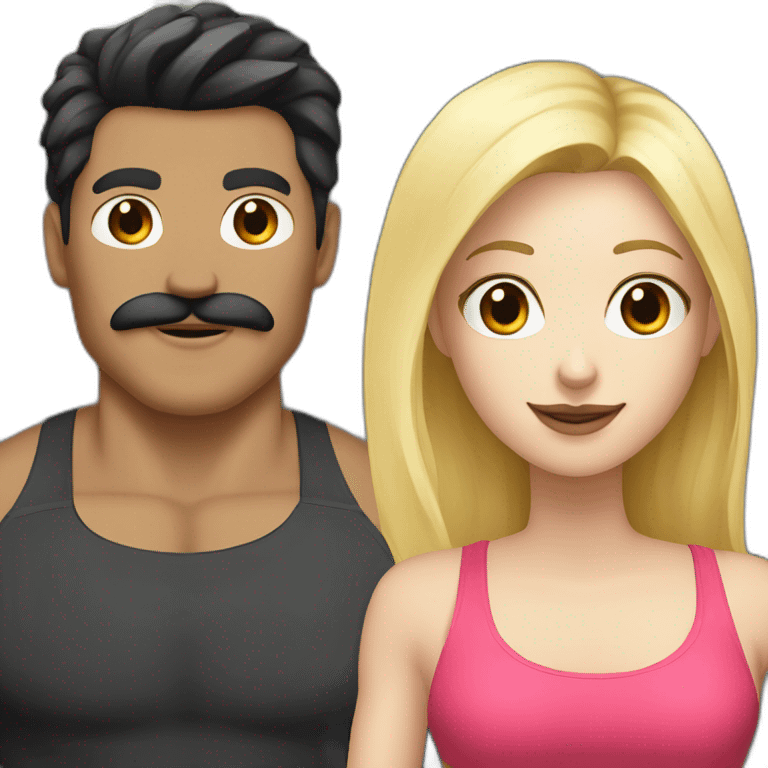 A guy with white skin, black hair, and a mustache with a blonde girl going to the gym emoji