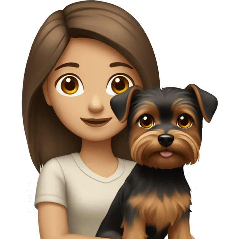 girl with brown hair and brown eyes with a Yorkshire Terrier dog emoji