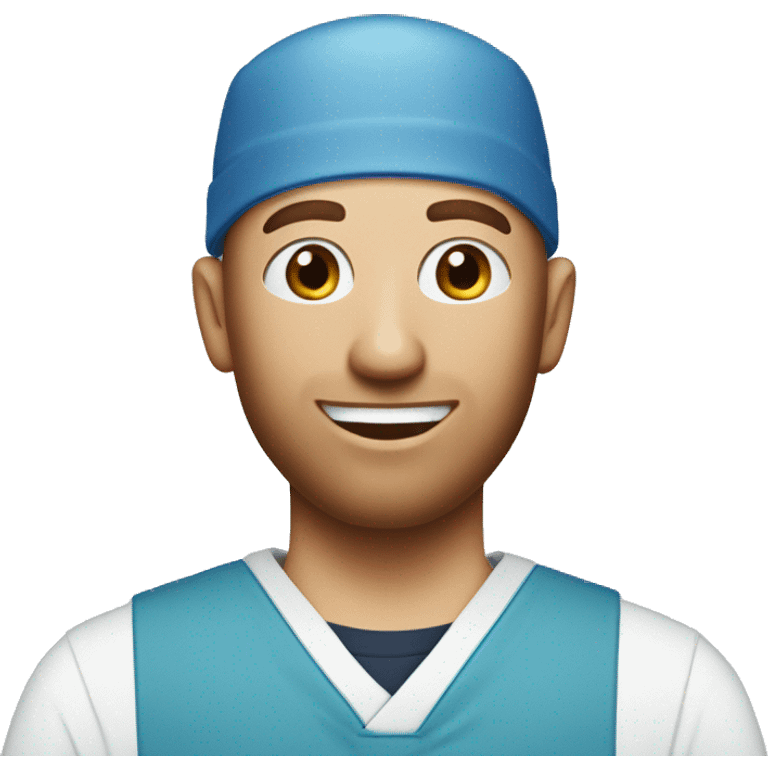 bald man, blue eyes, smiling with red patchy beard blue eyes wearing scrubs emoji