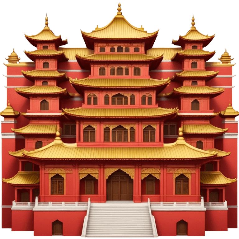 Cinematic Realistic Forbidden City Landmark Emoji, depicting grand imperial architecture with golden rooftops, vast courtyards, and intricate wooden carvings, all surrounded by towering red walls. emoji