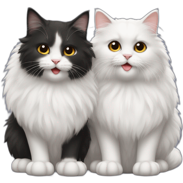 Two cute fluffy cats one black and one white kissing emoji