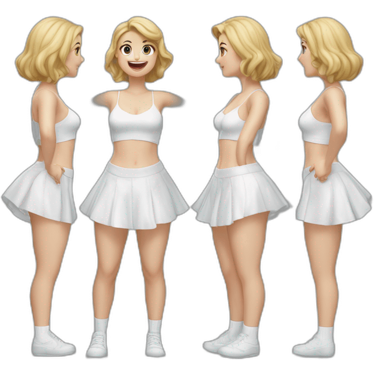 hyperrealistic-full-body-caucasian-curvy-beauty-jumping-small white-skirt-back-and-front-views-white knickers under skirt white socks emoji