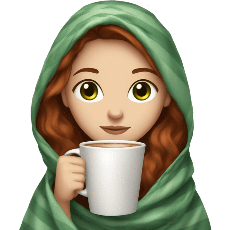 Fair skin girl, Auburn hair green eyes wrapped in a blanket, drinking coffee emoji