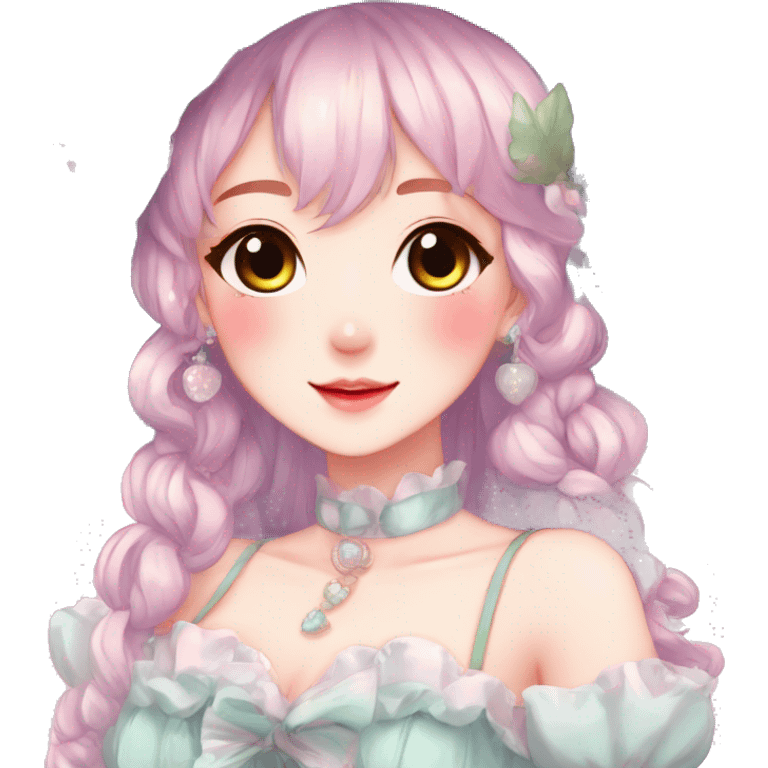 Gorgeous anime style lady with blushing face and accessories cottagecore fairycore Kawaii anime colorful pearly romantic aesthetic trending style emoji