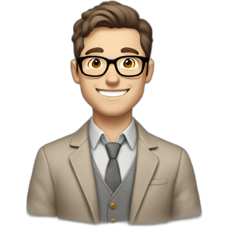 Joyful Pale skinned Fit Man With dark brown hair in gray jacket, beige office shirt, Brown pants and vintage glasses. His thrumbs up emoji