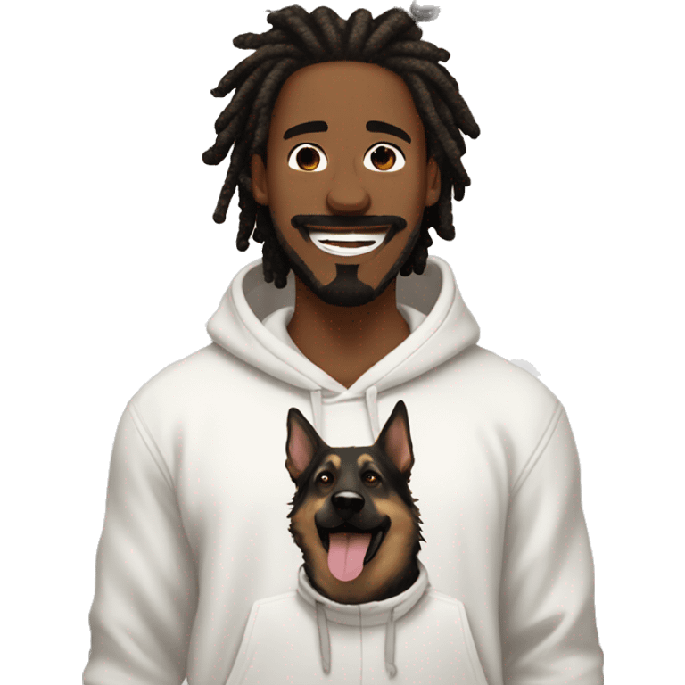 man with dreadlocks, mustache and goatee expressing joy dressed in a white hoodie alongside a dark brindle colored german shepherd dog emoji