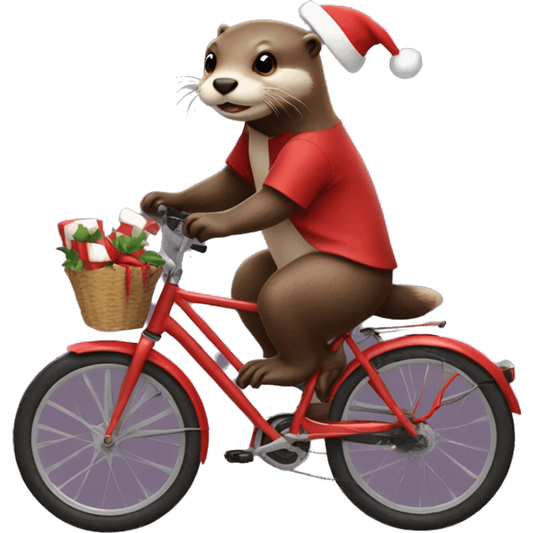 An Otter on a bike, dressed as Santa emoji