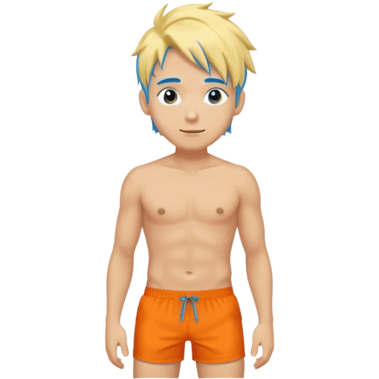 hot blond handsome 30 years  Man in orange swimming shorts with blue hair emoji