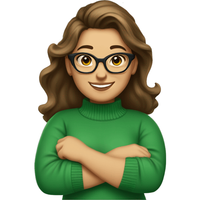 long wavey brunet hair, ponytail, Caucasian woman, fat, cat eye glasses, smiling, wearing a green sweater, transparent background emoji