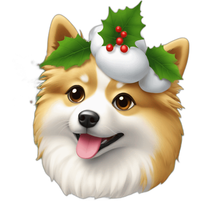 Japanspitz weiß mit weihnachtsmütze und blatt emoji