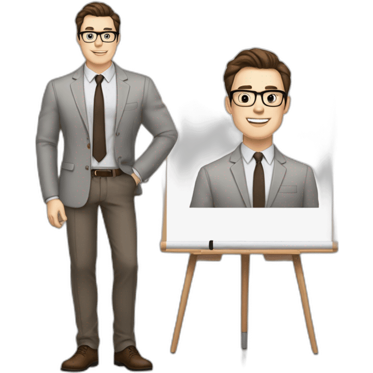 Pale skinned fit man with dark brown hair in gray jacket, beige office shirt, brown tie, brown pants and vintage glasses Writing text on a marker board emoji