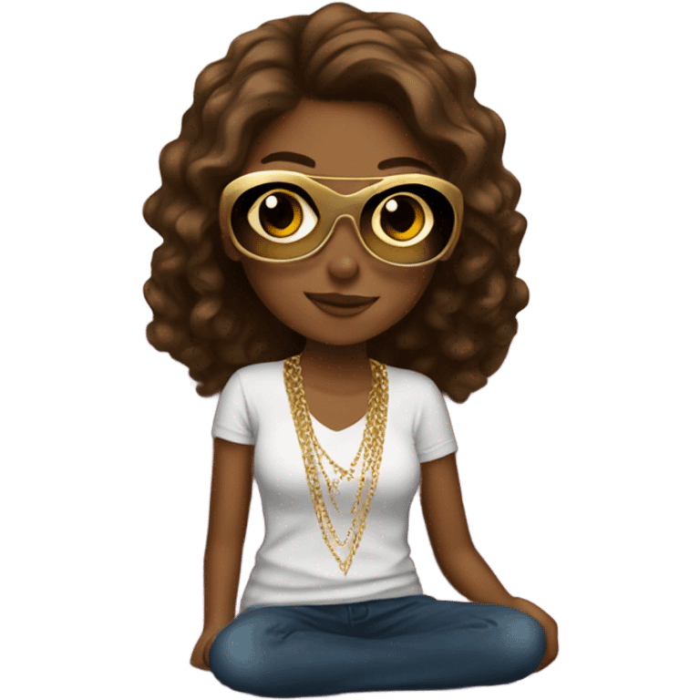 Teen girl sitting on couch with brown hair sunglasses and gold necklace  emoji