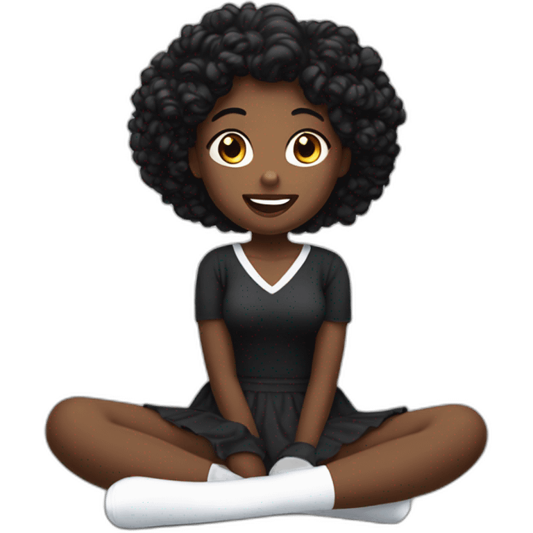 Front view curvy beauty sitting straight hands up black skirt white knickers white socks emoji