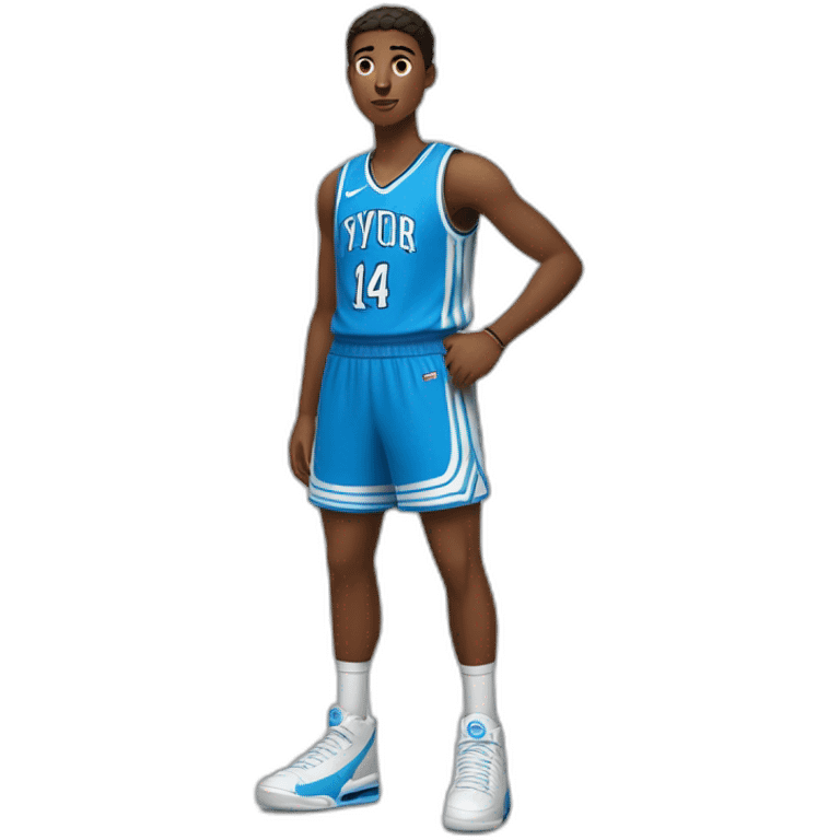 Un adolescent brun qui joue au basketball avec des nike et un maillot bleu avec le numéro 14 écrit dessus dans le style de IOS emoji