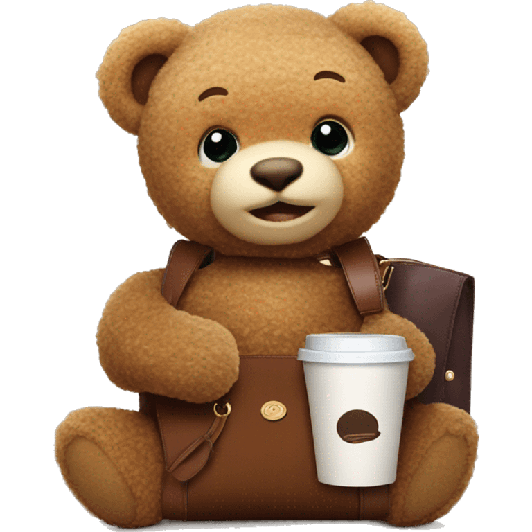 Teddy bear with longchamp bag and coffee emoji