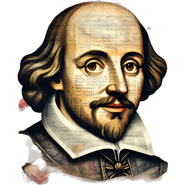 Shakespeare made of newspaper cuttings wearing flowers, stained glass, fairy lights, bokeh, annotated sketch, handwritten letters, collage of intricate patterns, lantern, bokeh, blur emoji