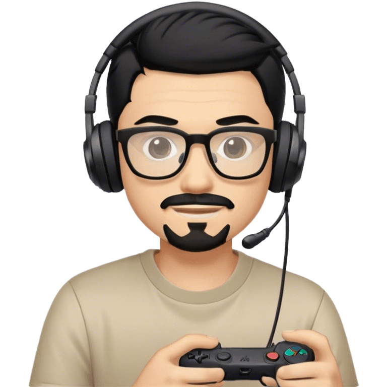 Muchacho guapo con cabello negro con lentes con barba de candado con audífonos jugando playstation  emoji