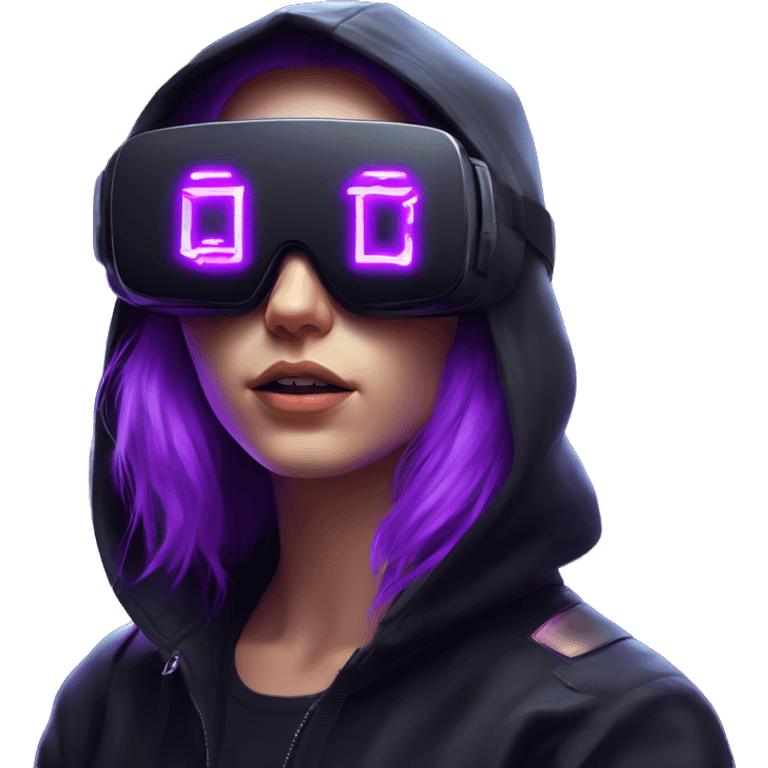 Russian girl wearing black hoody with violet letters "OMG", in vr headset. Cyberpunk style. Violet neon. emoji