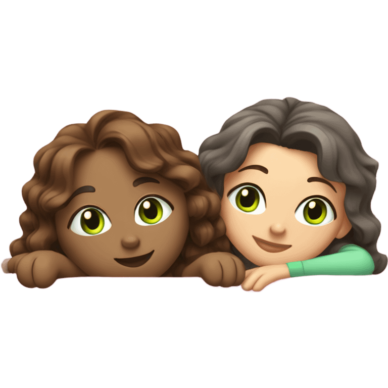 Grey cat with a brunette girl with wavy hair and green eyes in light pink shirt relaxing on a bed emoji