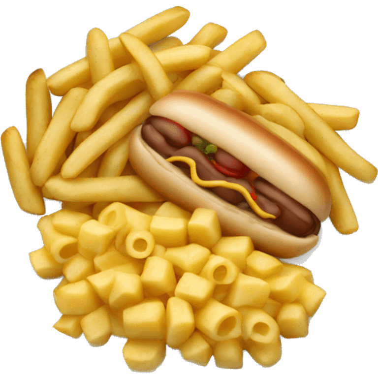 Plate with macaroni, potatoes, hotdog on top emoji