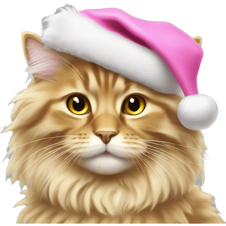 fluffy gold maincoon cat in pink santa hat  emoji