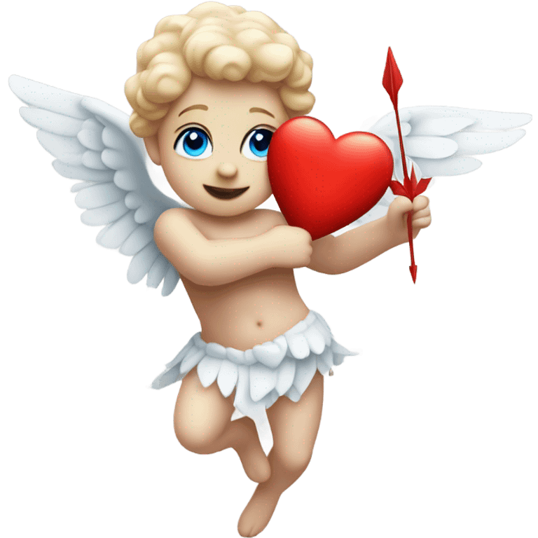 Realistic Photo of flying pale cupid with blue eyes and red heart arrow  emoji