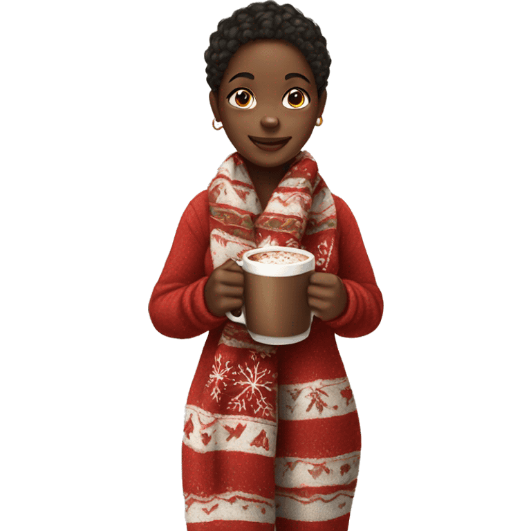 Black girl with Christmas scarf and pajamas holding hot chocolate  emoji