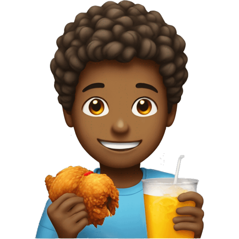 smiling boy with drink and fried chicken emoji