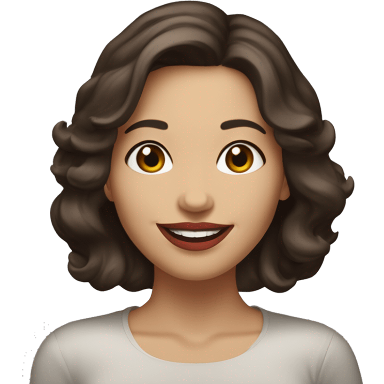 A cheerful woman in her 30s with fair skin, shoulder-length wavy dark brown hair, and a round face with prominent cheekbones. She has hazel eyes, full lips with red lipstick, and a warm, friendly smile. emoji