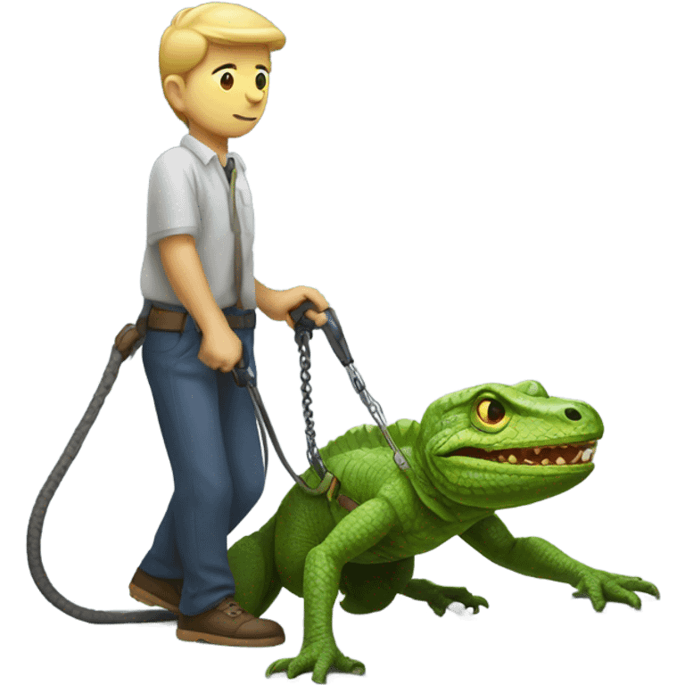 Man crawling on a leash on a walk by a lizard human emoji