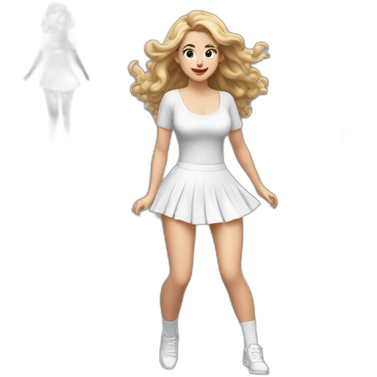 hyperrealistic-full-body-caucasian-curvy-beauty-jumping-small white-skirt-back-and-front-views-strong-wind-knickers white socks emoji